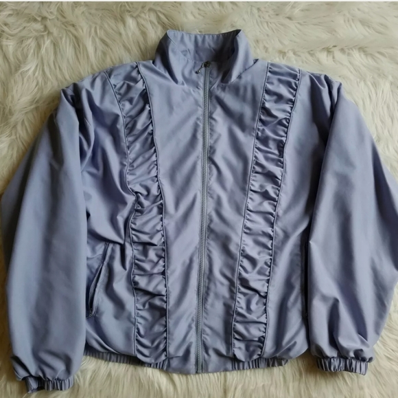 VTG Teddi Bomber Jacket Size L Periwinkle Dusty Blue Grandma Country - Picture 1 of 7
